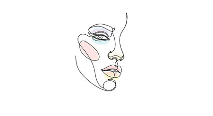Elegant single line drawing of a woman's face with delicate pastel accents creating a modern and