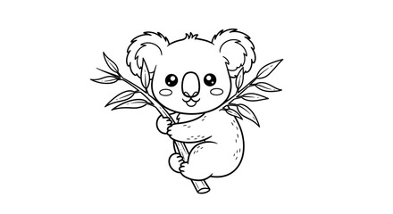 Adorable koala bear clinging to a eucalyptus branch, a charming black and white line drawing for