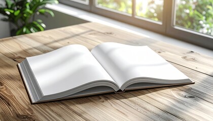 Blank Open Book on Rustic Wooden Table by Sunny Window, Ready for Your Content or Design Mockups, Bathed in Gentle Morning Light