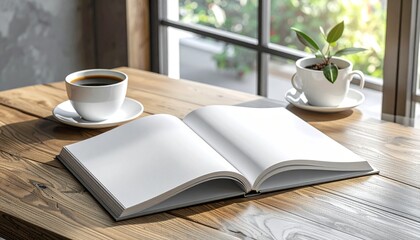 A tranquil scene of an open book with blank pages resting on a wooden table in front of a sunlit window with a lush green view