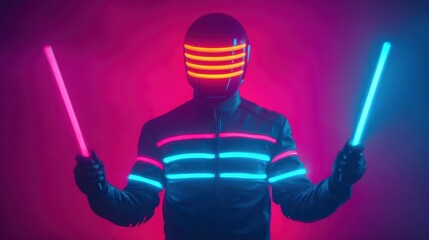 A futuristic figure in a glowing helmet and jacket holds bright neon sticks against a vibrant, colorful background.