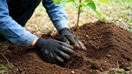 Close up of hands in gloves planting a young tree sapling.