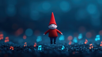 A whimsical gnome figure in a red hat floats among colorful musical notes in a dreamy, blue atmosphere.