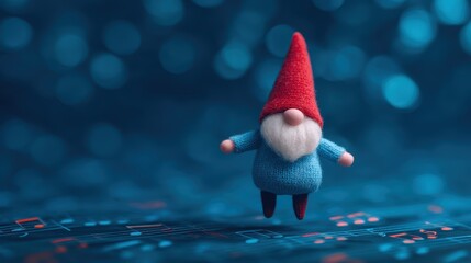 A whimsical gnome figure with a red hat floats against a sparkling blue background, evoking a magical, playful atmosphere.