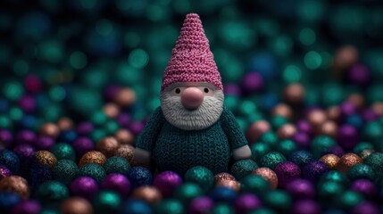A whimsical gnome figure stands amidst colorful, shimmering spheres, creating a playful, enchanting atmosphere.