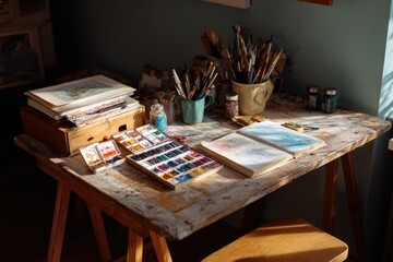 Artistic workspace, wooden table, paints, brushes, and papers