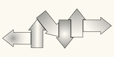 A flowchart with arrows in trendy halftone tones. Halftone arrows pointing in multiple directions are outlined in black. Suitable for print, signage, icons, and graphic design.