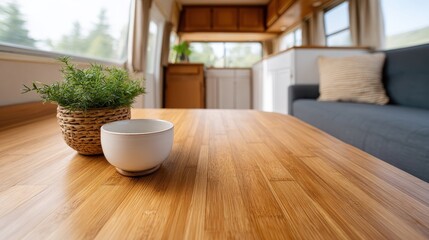 Cozy and modern interior of a camper van with a wooden table, plant, and bowl.