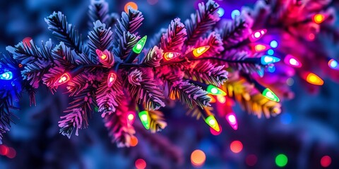 Twinkling, multicolored Christmas lights draped on a frosted evergreen branch,  background,  vibrant