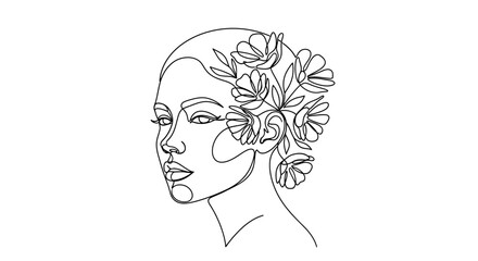 Elegant line art portrait of a woman adorned with delicate floral elements drawing