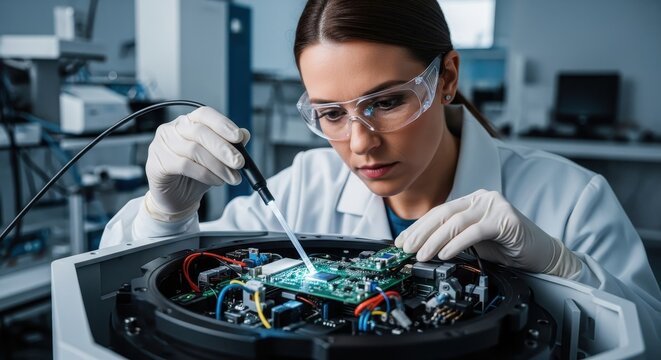 Female engineer in lab coat and safety glasses meticulously inspecting a circuit board. - Powered by Adobe