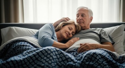 Peaceful senior couple sleeping together in bed, woman resting on man chest