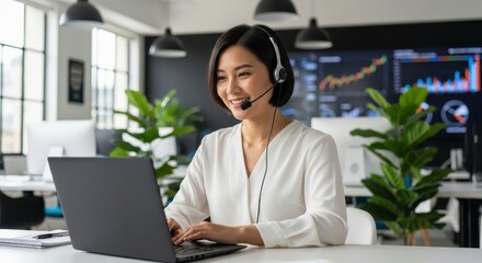 Friendly asian woman customer service representative with headset working on laptop in modern office