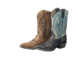 Traditional watercolor painting of two classic western cowboy boots featuring brown leather and turquoise detailing isolated