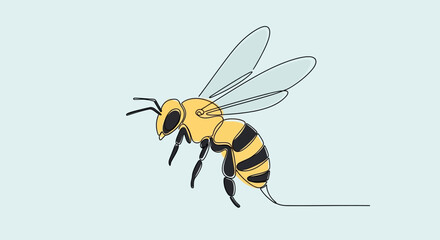 Elegant stylized honeybee illustration with minimalist line art design on soft blue background