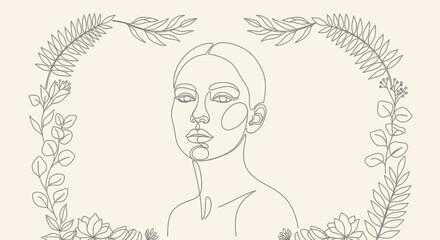 Elegant minimalist one-line drawing of a woman surrounded by a floral frame border design
