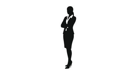 Professional woman in a suit confidently poses striking a powerful silhouette
