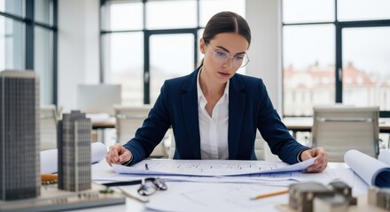 Dedicated female architect studying detailed construction blueprints at her office desk