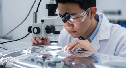 Precision inspection, asian engineer examining material with optical microscope in laboratory