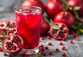 Vibrant red pomegranate juice in a glass, ice cubes, seeds,  food photography,  vitamin c