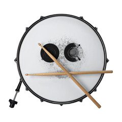 A drum kit's bass drum is positioned directly overhead, featuring crossed drumsticks across the white, textured surface, while the black background provides a stark contrast to the light-colored...