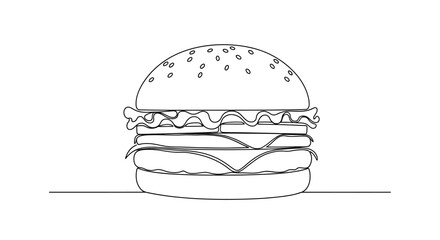 Monochrome line art illustration of a delicious burger with visible layers of ingredients