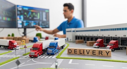 Logistics and delivery management with miniature semi trucks, warehouse, and a man monitoring data