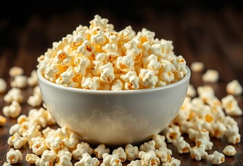 Bowl of freshly popped popcorn, kernels scattered around, spicy, treat