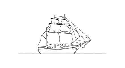 Line art illustration of a sailing ship with detailed rigging and full sails gracefully gliding on