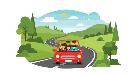 Fototapeta premium A happy family enjoys a scenic road trip through the rolling green countryside on a sunny day.