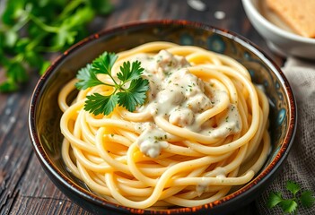 Creamy Alfredo fettuccine pasta, fresh parsley garnish, high-resolution, food styling