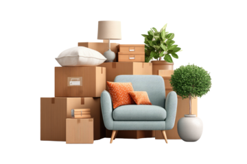 Moving boxes, armchair, and plants.  Home goods stacked for relocation