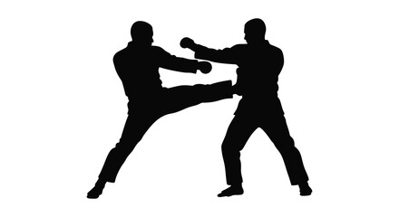 Two men engaged in martial arts combat dynamic pose black silhouette