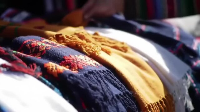 Colorful embroidered textiles with market stall.