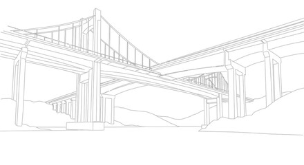 Detailed line drawing of a complex bridge structure with strong geometric lines