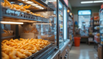 Numerous golden fried snacks displayed on a tiered shelf in a glass showcase inside a retail food store