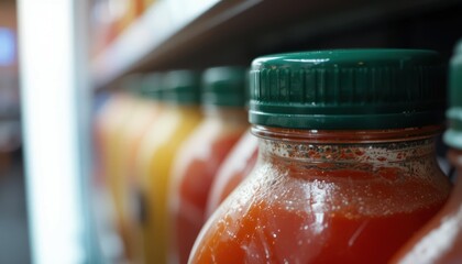 Close up of chilled bottles with green caps filled with red and orange liquid on a store shelf
