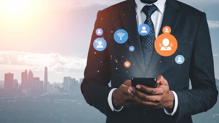 Techy businessman on phone, city backdrop, digital overlay icons - Powered by Adobe