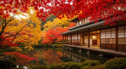 Fototapeta premium Japanese Autumn Garden: Temple Reflections on Pond