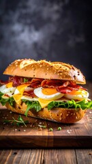 Loaded sandwich bacon, eggs, cheese, lettuce on wood