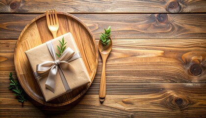 Wrapped gift on wood tray w/ fork & spoon, neutral tone