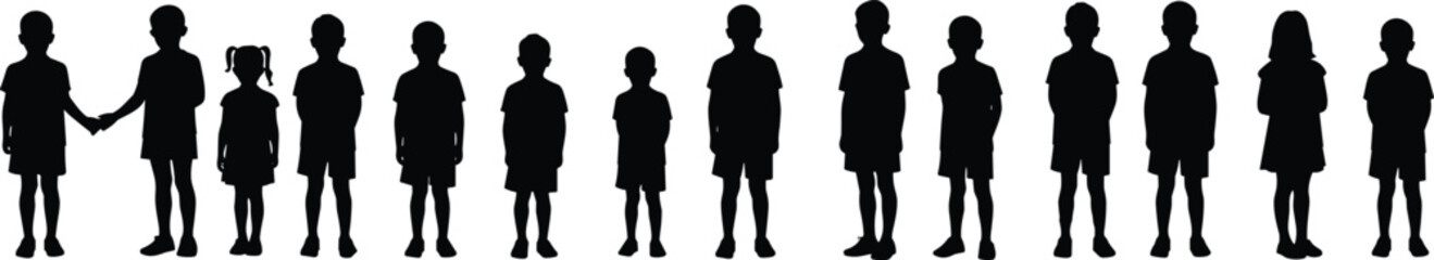 Silhouette of children standing together, boys and girls in line, group of kids, childhood concept, friendship, unity, education, teamwork