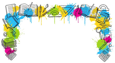 Back to school arch with school supplies and vibrant watercolor splashes background design