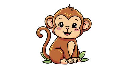 Adorable cartoon monkey sitting on leaves with a cute and cheerful expression suitable for kids
