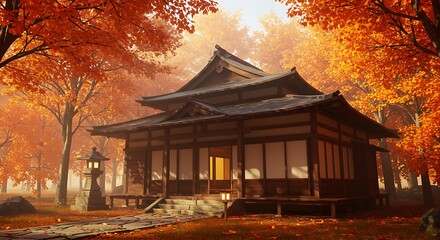 Autumn Temple: Traditional Japanese Architecture in Fall Landscape