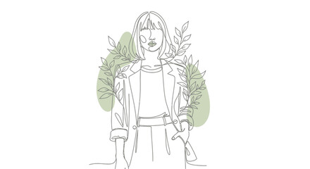Elegant minimalist line art portrait of a woman with botanical foliage accentuating natural beauty