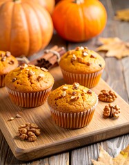 Freshly baked pumpkin muffins on a wooden board with fall decorations