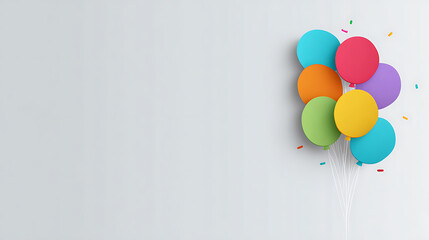Bright white background with minimalist birthday balloons, a clean party invitation template. (明亮的白色背景上有简约的生日气球，是简洁的派对邀请函模板。)