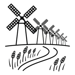 Hand drawn sketch of a row of windmills there is a path leading to the windmills and some wheat growing in the field