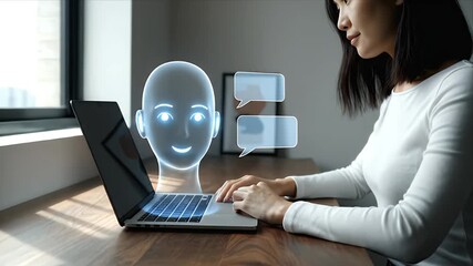 Woman Using Laptop with AI Chatbot Overlay for Customer Service and Remote Work Solutions - Powered by Adobe